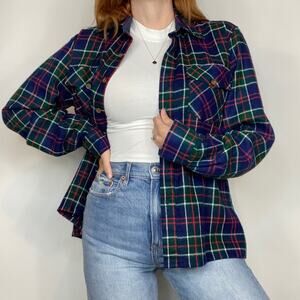 Vintage Woodland Large Navy Heavy Plaid Flannel Shirt Jacket Button Down Shirt